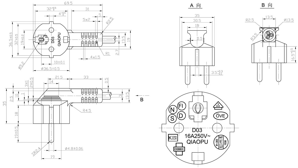 CEE7/7 Schuko Europe power supply cord Drawing