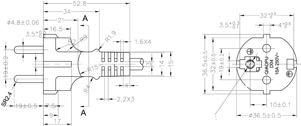 CEE7/7 Straight Europe power supply cord drawing