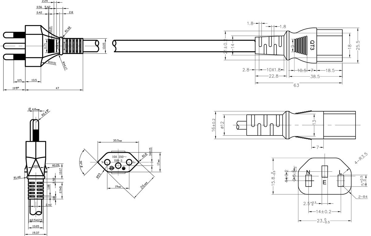 Brazil 14136 to IEC C13 Power Cord