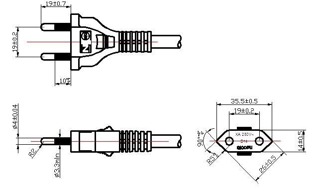 2 Pin Plug Brazil Power Cord Product Drawing