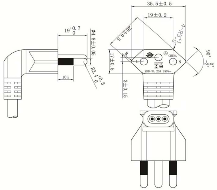 Right Angle Brazil Power Cord