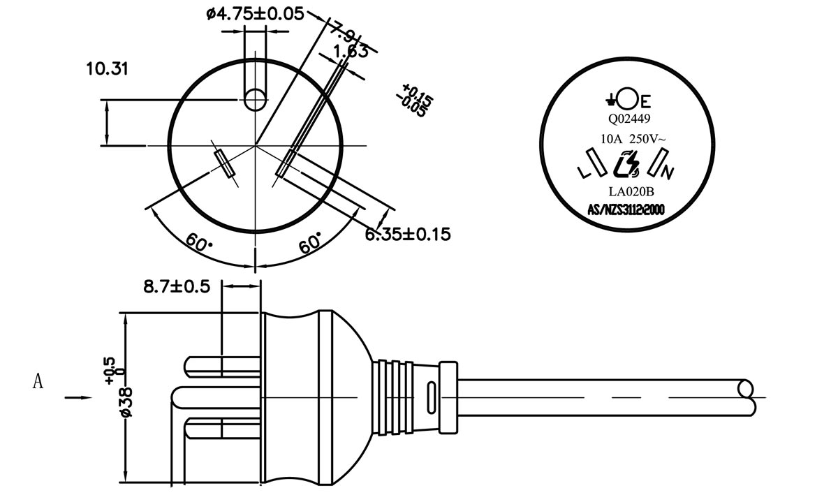 Australian Round Grounded Pin Plug