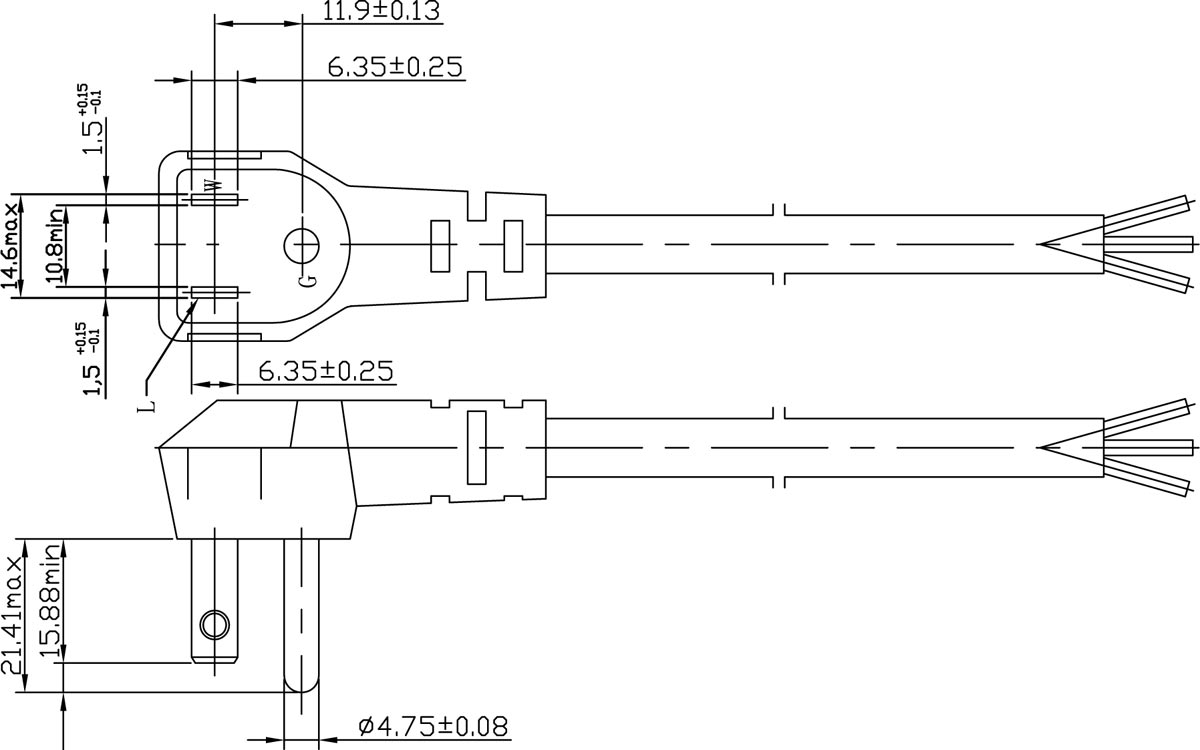 America 3 prong electrical power cord drawing