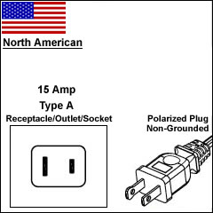 North America 15 Amp 2 prong power cord