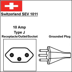 Switzerland SEV 1011 10 Amp 3 prong power cord plug Switzerland SEV 1011 10 Amp 3 prong power cord plug