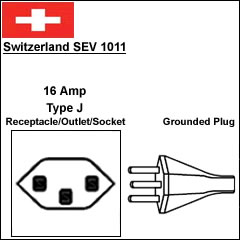 Switzerland SEV 1011 16 Amp power cord plug